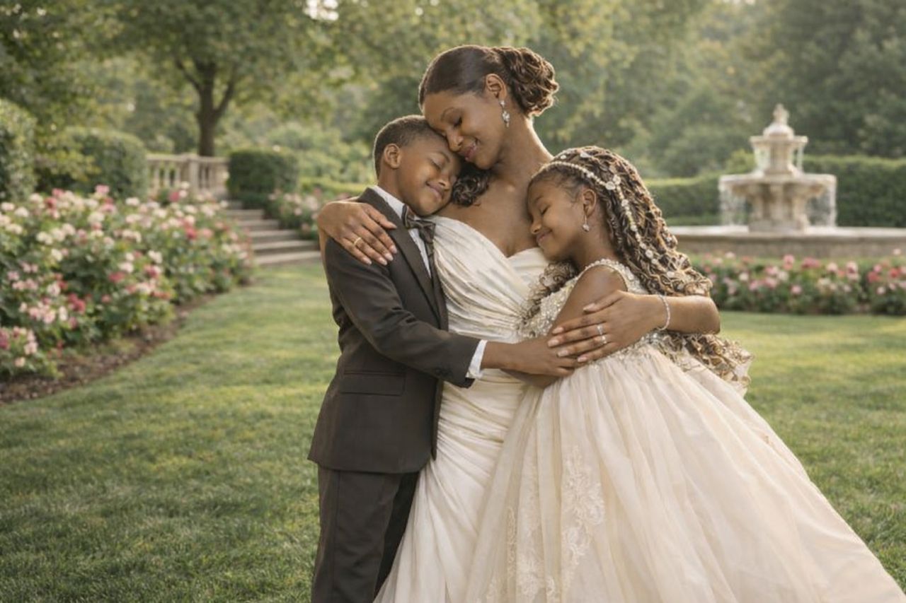 A mother with her son and daughter dressed elegantly, posing for a red carpet-style photo.