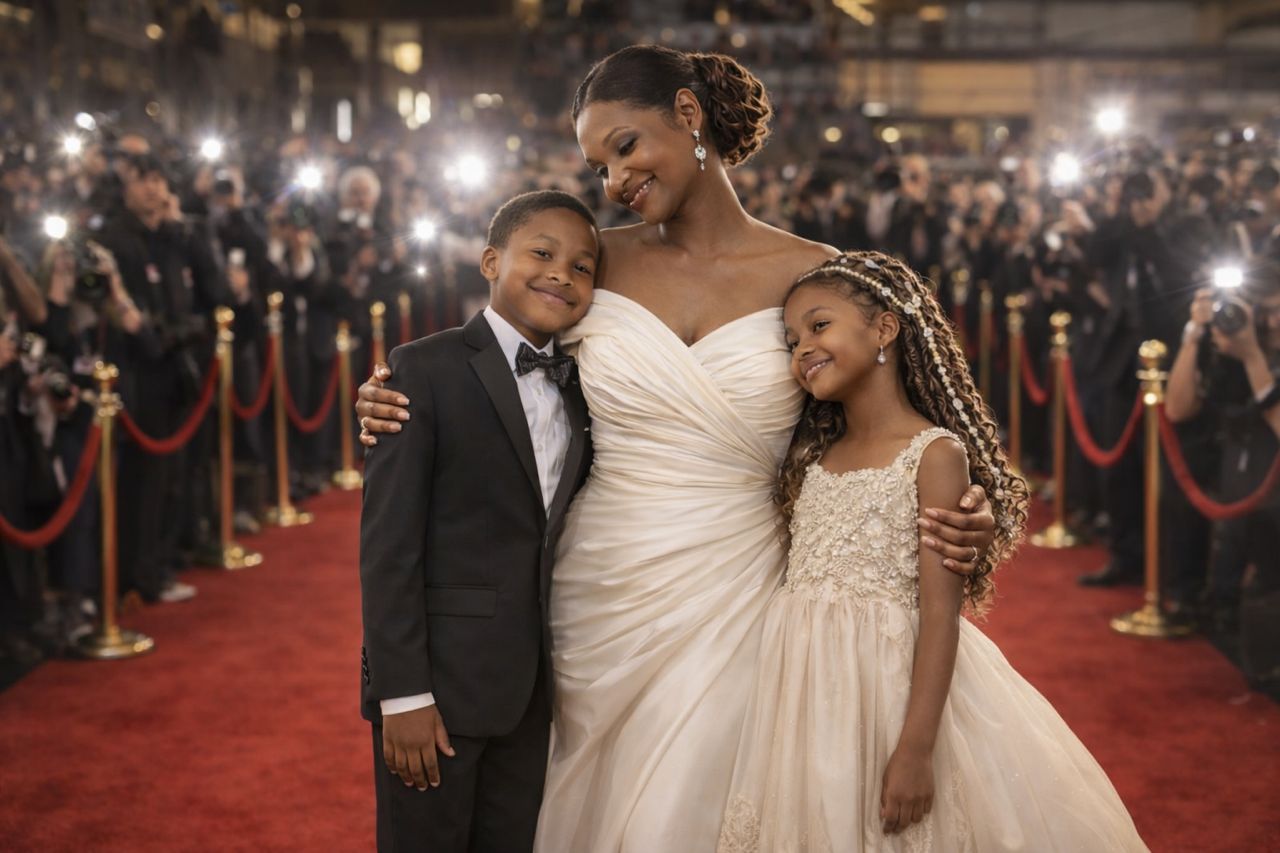 A red carpet arrival area with a photo backdrop and warm lighting.